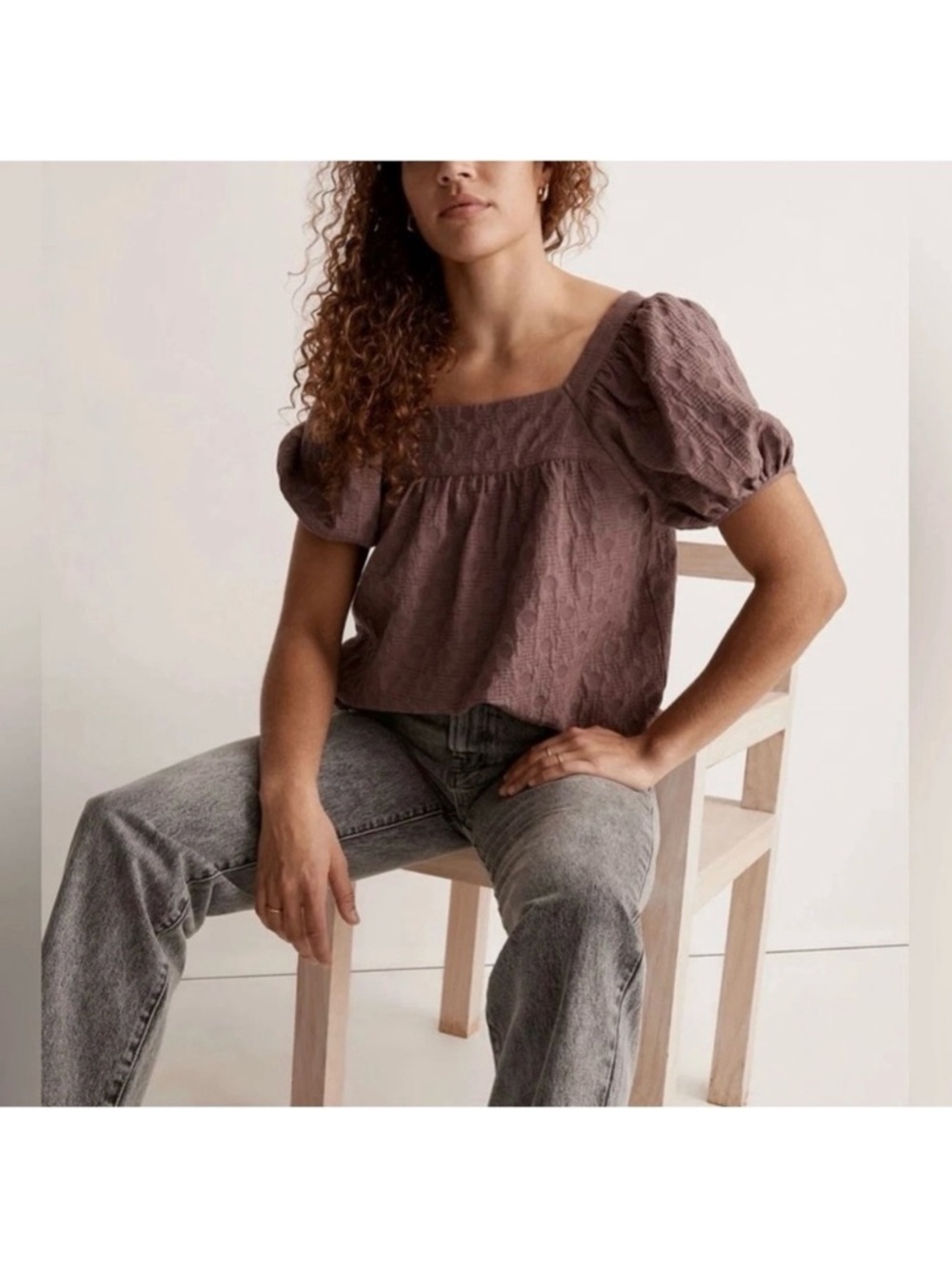 Madewell Jacquard Puff Sleeve Top in Dusty Mauve